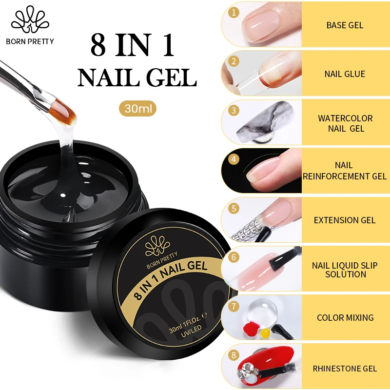 

BORN PRETTY 30ml Nail Glue Gel 8 IN 1 Gel Reinforce Gel Transfer Rhinestone Gel Blossoming Acrylic GelExtend Nail Hard Jelly