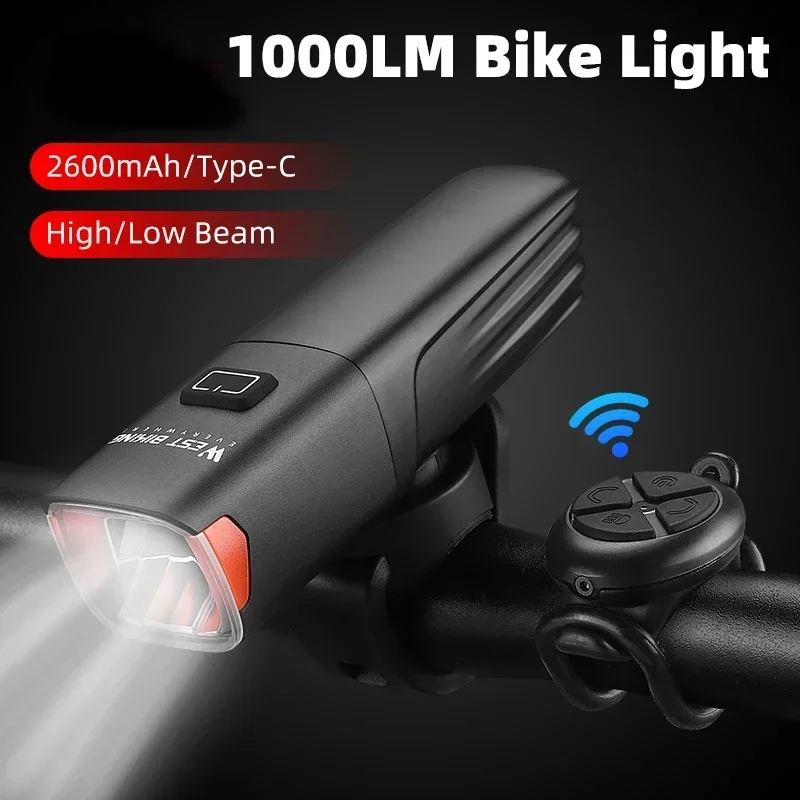 WEST BIKING Wireless Remote Control Headlights 1000 Lumens High/Low Beam Bicycle Front Light Detachable Reversible Lamp Head