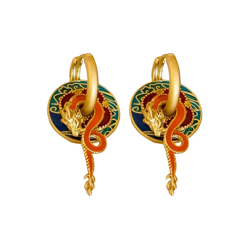 NISHIZAWA Chinese Style Colorful Oil Dripping Dragon Shaped Earrings Niche Earrings Personality Design Earrings for Women