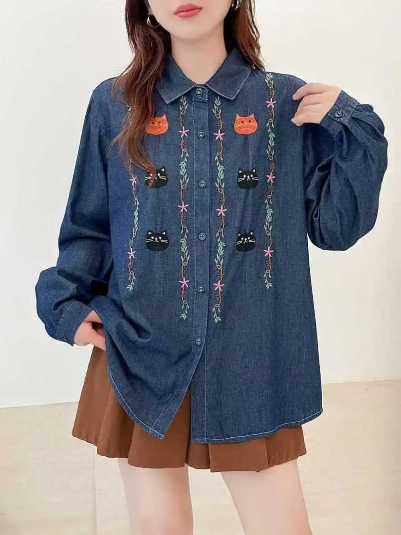 Japanese Vintage Mori Girl Cartoon Cat Embroidery Denim Shirts Women Autumn Turn Down Collar Long Sleeve Casual Jeans Blouse Top