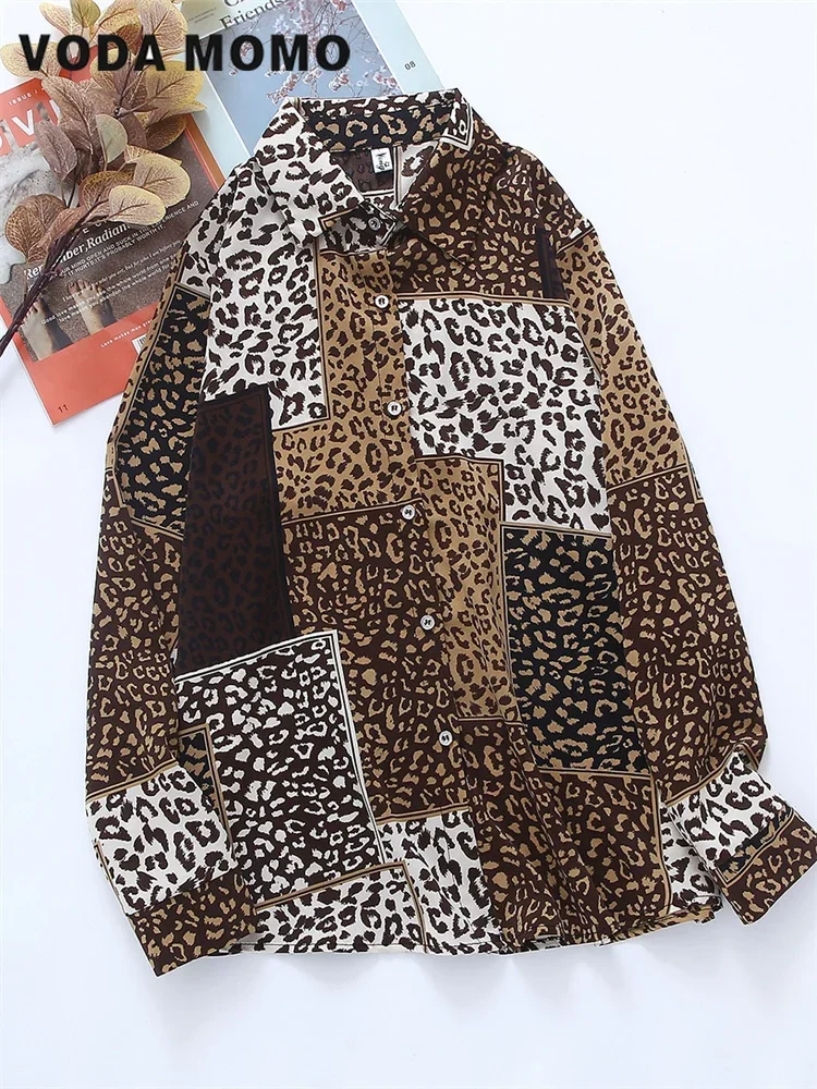 

Women Spring Summer New Leopard Patchwork Top Casual Polo Neck Long Sleeve Ladies Blouses Elegant Fashion Korean Satin Shirt