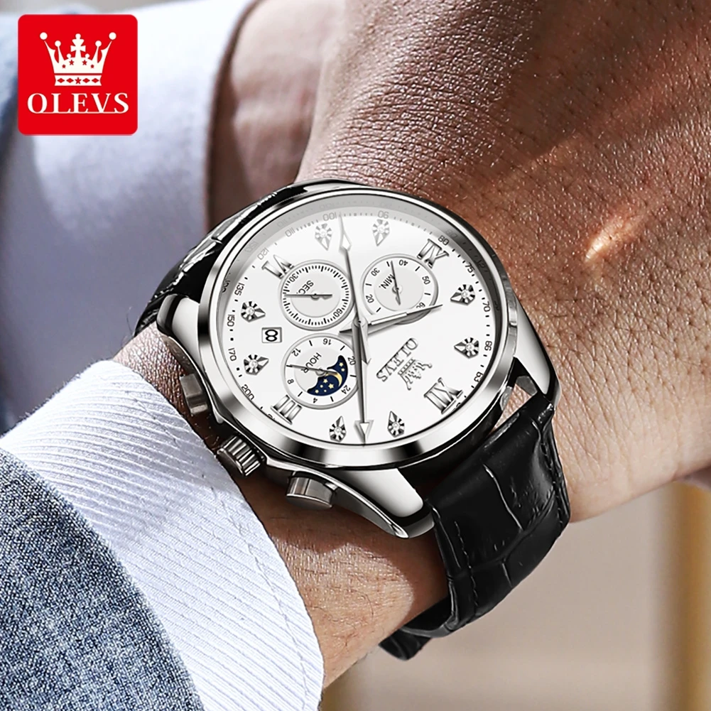 OLVES Business Men's Watches Quartz Watch Multifunctional Leather band Wristwatch Moon Date Waterproof 2888 Gifts for Men