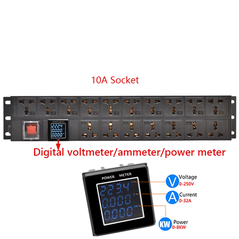 2U PDU Power Strip Distribution Unit Cabinet Rack Mount 17Ways Universal Outlets Break Switch display meter 2m Extension cord