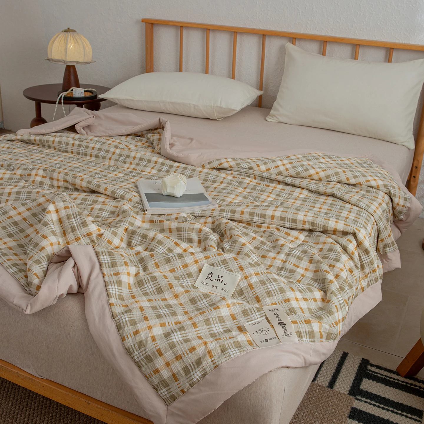 Washed Double-layer Yarn Summer Quilt Single/Queen Checkered Printed Blankets Breathable Air Conditioning Quilt Soft 이블 Quilts