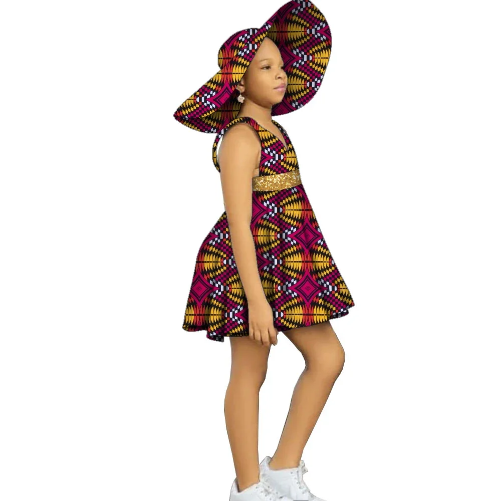 African Girls Summer Dress African Wax Floral Print Sleeveless Beach Short Dress with Sun Hat Children Clothing Wyt715