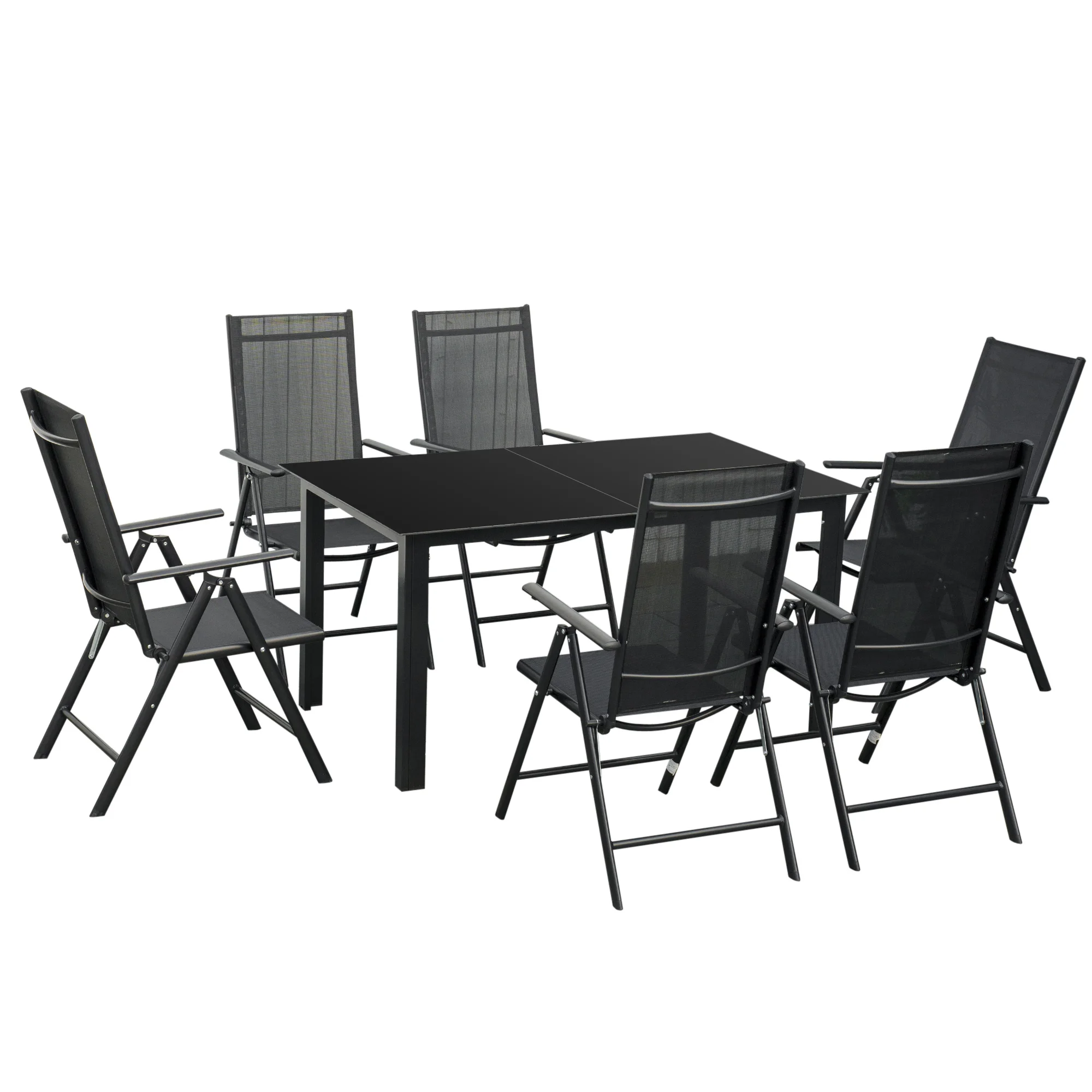 Outsunny aluminum garden furniture set 7 pieces outdoor dining set with 6 chairs folding reclining table with tempered glass board black Texteline seat