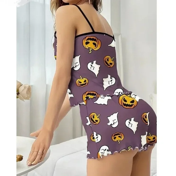 Halloween Pumpkin Printed Pajama Set Sleeveless Top Shorts Home Clothes Set Sexy Sleepwear L