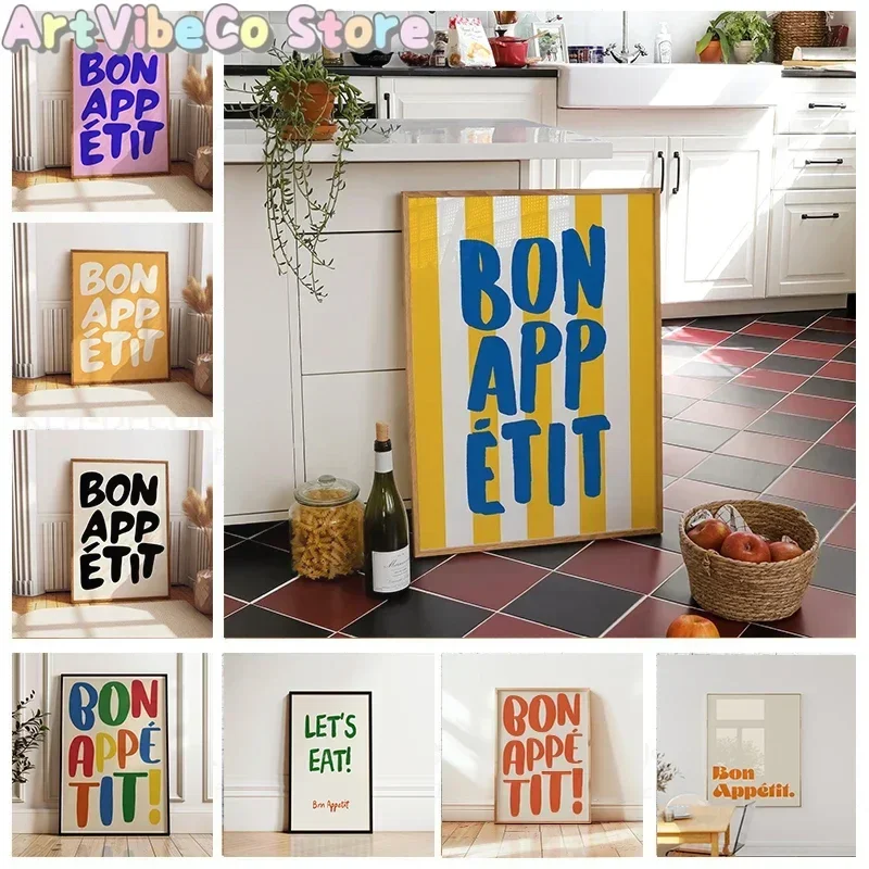 Bon Appetit Yellow White Striped Kitchen Print Mid-century French Quotation Wall Art Posters for Modern Living Rooms Home Dec