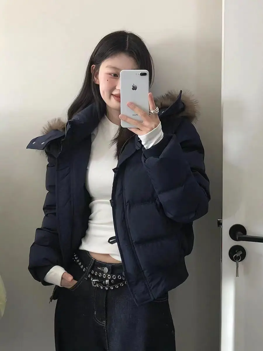 Winter Women's Down Jacket Navy Blue Fashionable Loose Casual Hooded Cotton Jacket Korean Style Fur Collar Thick Coat New