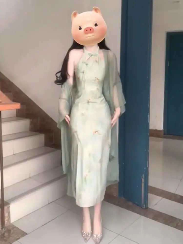 Chinese Dress Cheongsam Chi-pao Improvement Qipao 2023 Summer Cardigan Slim Fit Green Hanging Neck Dress Two Piece Set