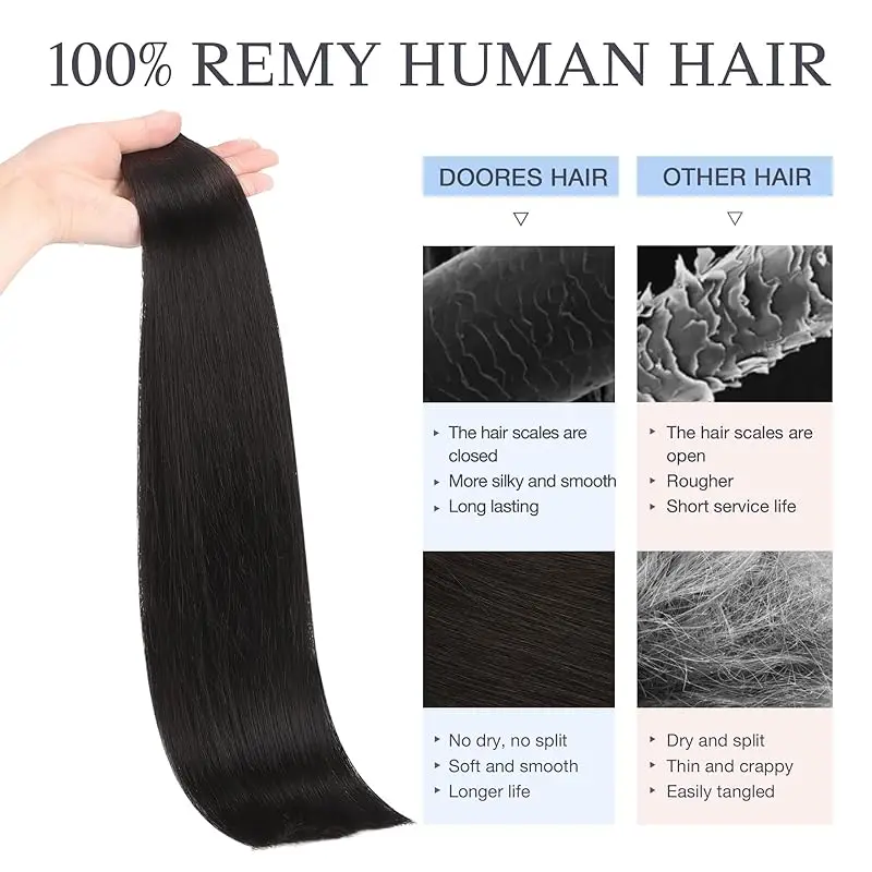 Mini Tape in Hair Extensions de cheveux humains, Cheveux raides, 100% Remy Hair, Extensions de trame de peau invisible sans couture, 16-26 ans, # 1B, 20 pièces