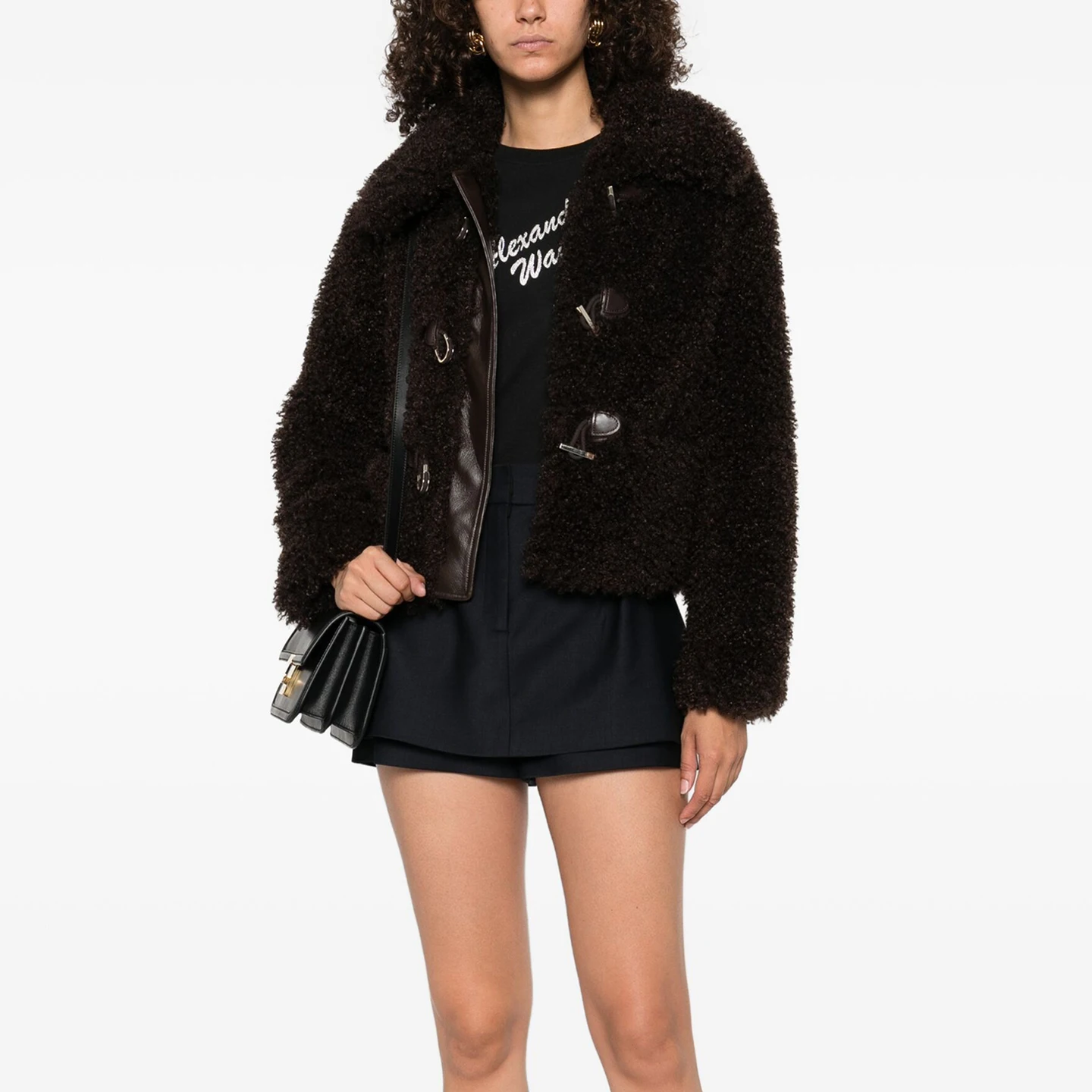 

Healing Plu Teddy Faux Fur Jaet ort Collar Deep Brown Synthetic Leather Coat Warmth Pure Color Straight Hem Long Sve