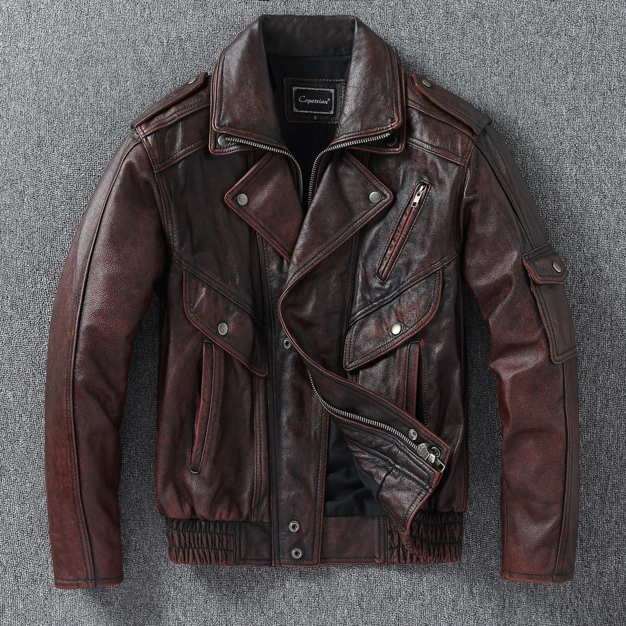 

Новая мотоциклетная куртка с двусторонним воротником 2025, винтажное мужское пальто из воловьей кожи с камнями, мотоциклетный стиль, повседневная посадка.