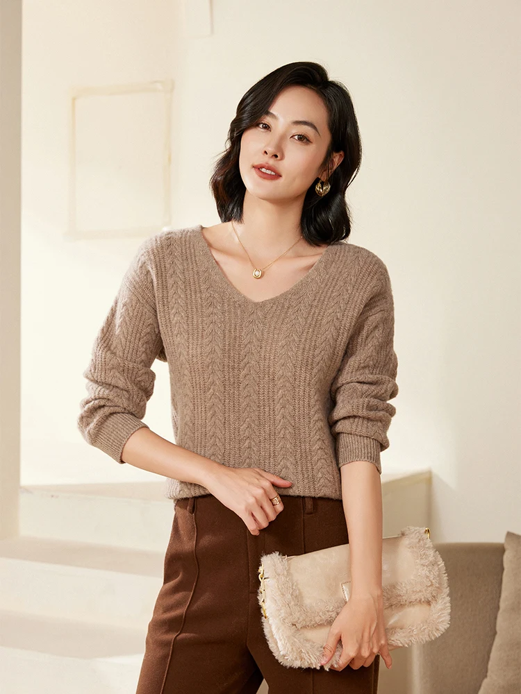 

Women 100% Merino Wool Sweater V-neck Cable Knit Pullover Autumn Winter Office Lady Knitted Soft Warm Clothing Luxury Tops
