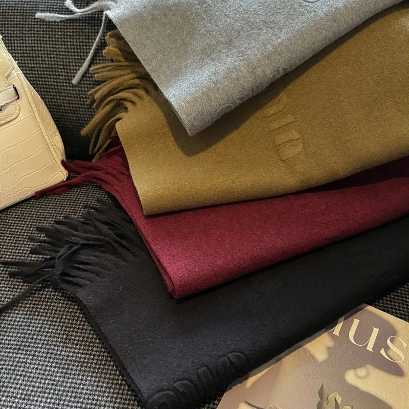 High Quality Scarf Women Winter Autumn Popular Embossed Letter Wool Blended Muffler Female Youth Vitality Warm Solid Shawl Lady