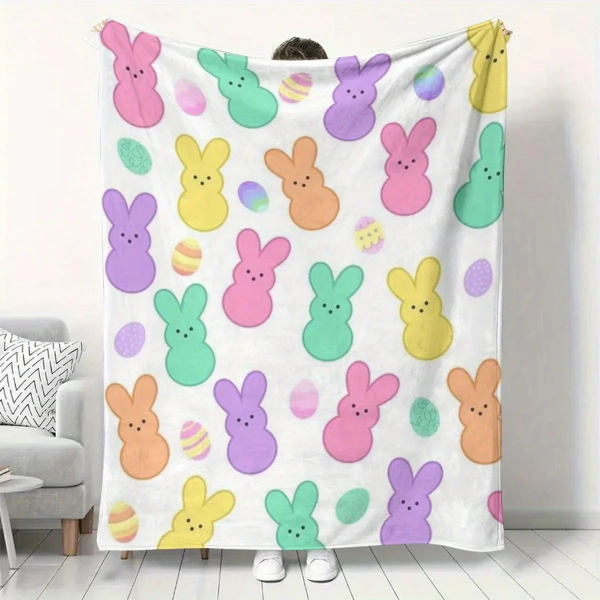 JIT Easter Peep Bunny Flannel Blanket 2D Single Print Festive Home Decor Couch Throw Soft Functional Holiday-Themed Attractive