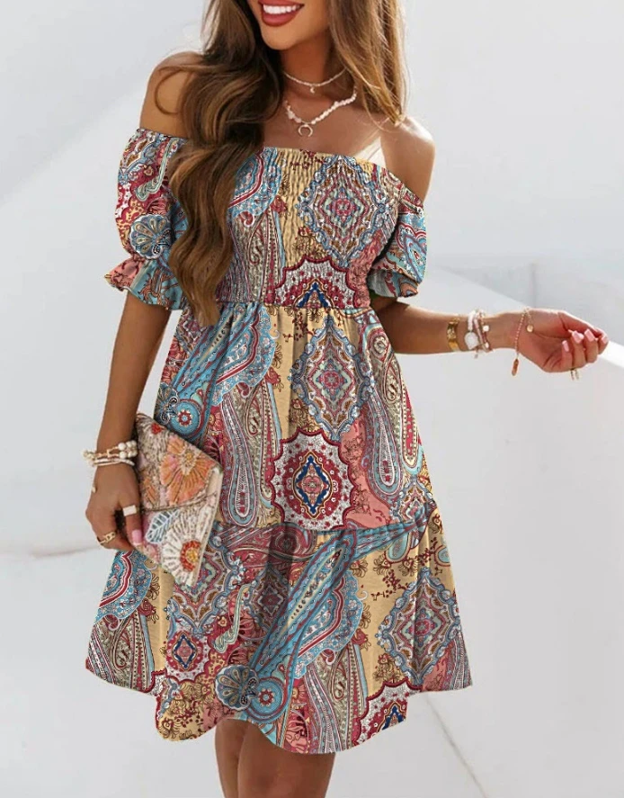 

Women's Vacation Bohemian Puff Sleeve Off Shoulder Paisley Print Casual Swing Dress Summer Female Fashion Vintage A Line Dresses