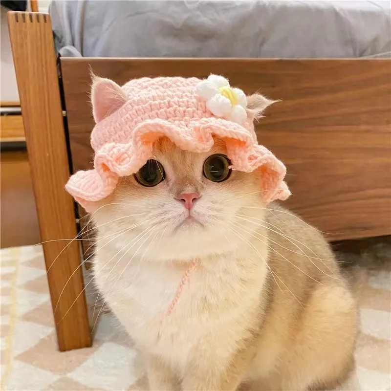 Hand-made Cat Hat Elastic Woven Cap Pet Hat Puppy Kitten Headwear Knitted Hat Party Photo Shoot Props Decoration Cat Accessories