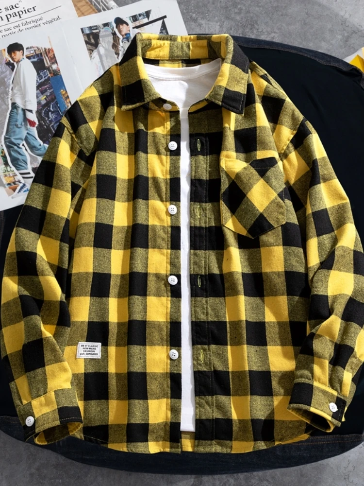 Large Size 9xl 8xl Cotton Plaid Shirts Men Oversized Long Sleeve Single Breasted Shirt Korean Style Vintage Streetwear Clothes