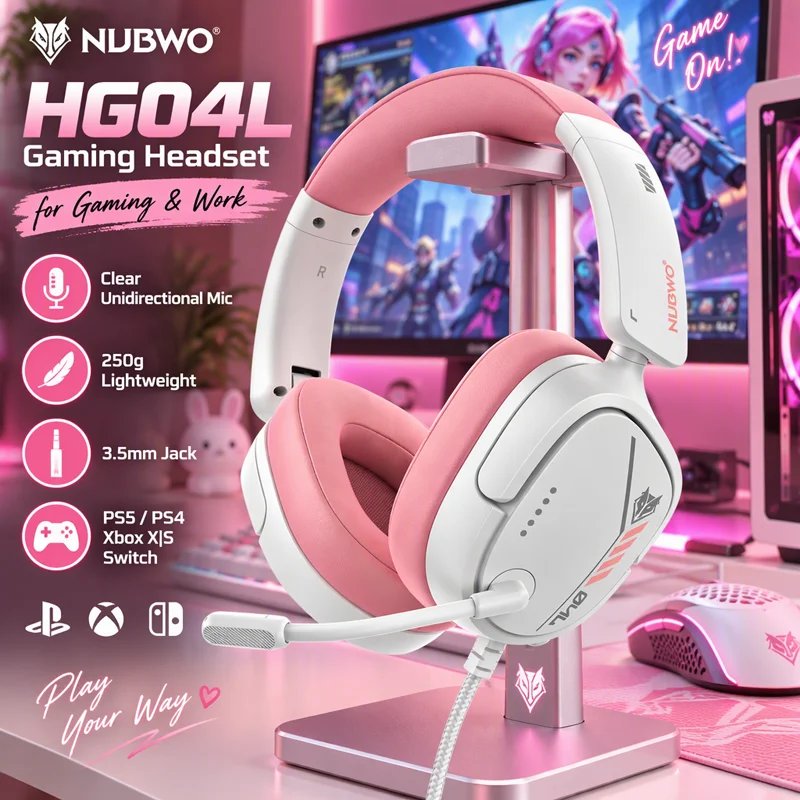 NUBWO HG04L Gaming Headset für Gaming und Arbeit, klares unidirektionales Mikrofon, 250g leicht, 3.5mm Klinke für PS5 PS4 Xbox X|S Switch