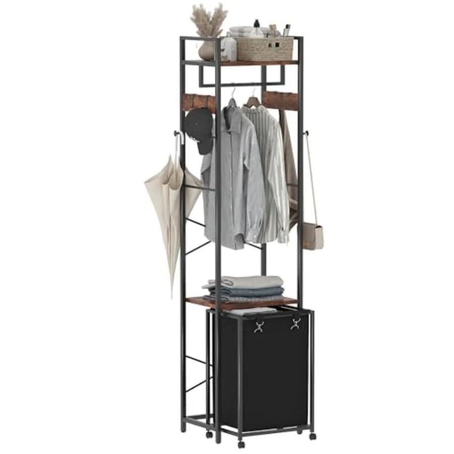 

Coat Rack with Laundry Basket Laundry Hamper Freestanding Hall Tree Clothes Rack with Storage Shelves 14.5 Gal Removable Bags o