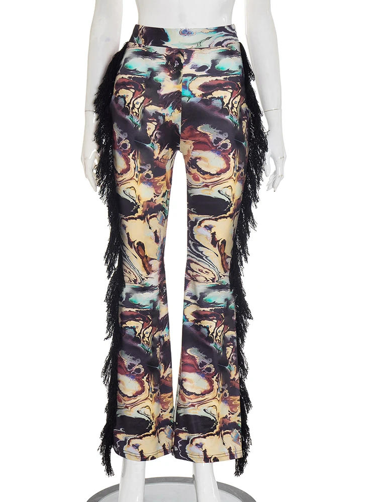 Nibber Kleurrijke Art Print Kant Kwastje Flare Broek Vrouwen Patchwork Herfst Trend Sexy Wilde Slanke Straat Skinny Clubwear Broek