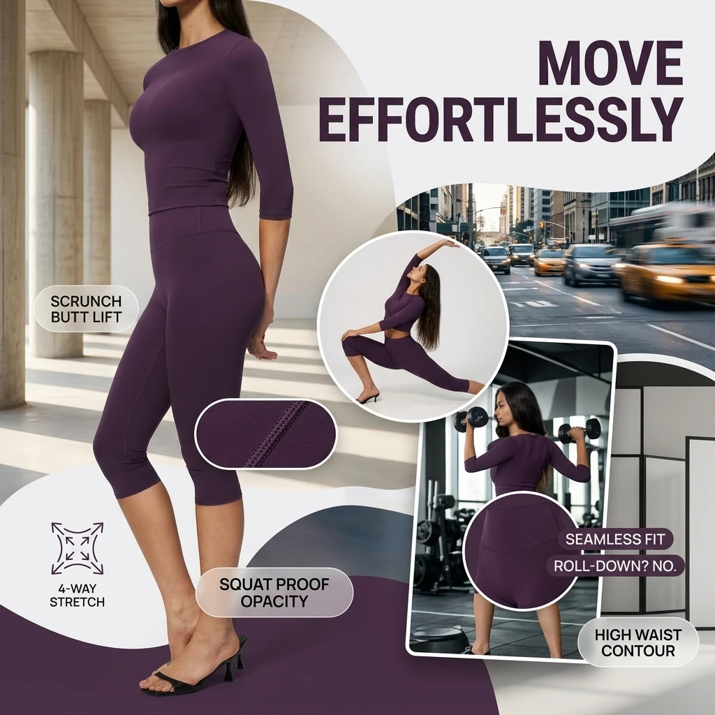 Yoga 7/4 Sleeve Crop Top + Capri Pants Set Women, High Waist, Scrunch Butt Lift, 4-Way Stretch, Squat Proof, Athleisure