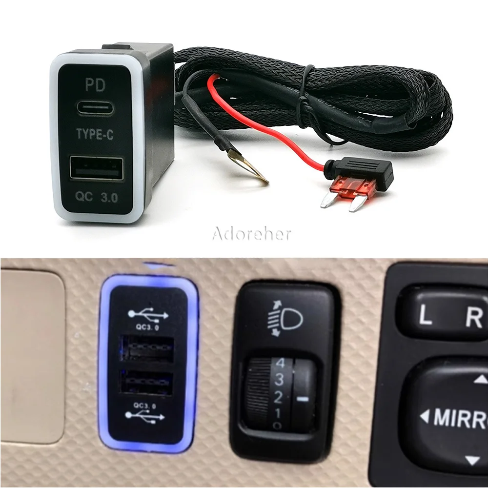 Car TYPE-C PD QC3.0 USB Interface Dual Socket Port Charger Using For Toyota Tacoma Land Cruiser Reiz Hilux Prado 120 FJ CRUISE