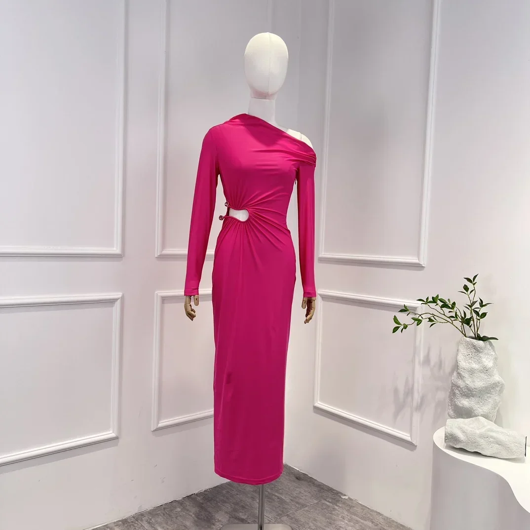 Vestido longo vermelho rosa feminino, elegante recortado, cintura de um ombro, manga cheia, monocromático, nova coleção para férias, 2023