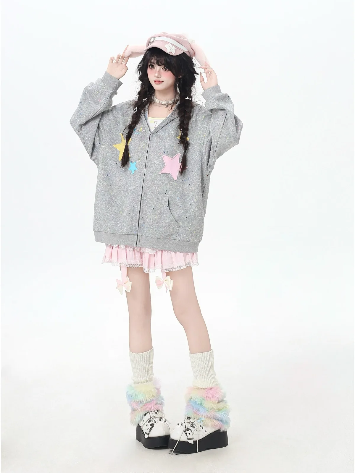 Sweet Preppy Style Subculture Oversized Hoodies Star Sequins Long Sleeve Zipper Loose Casual Versatile Sweatshirts Tops Women