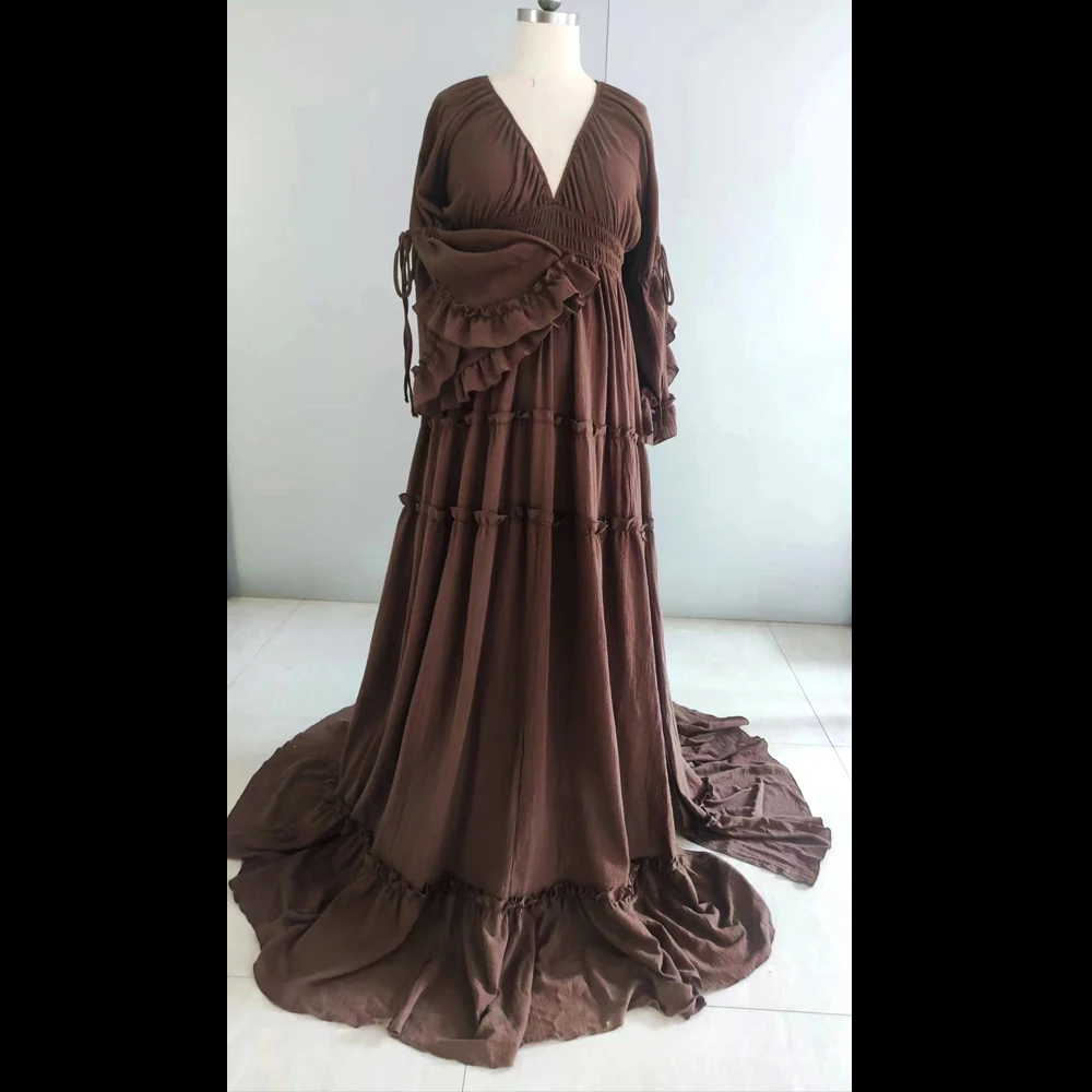 Maternity Photography Gown Bohemian Photo Shooting Pregnancy Dress Linen Cotton Deep V-neck Pleated Lace Sleeve Floor Long Dress