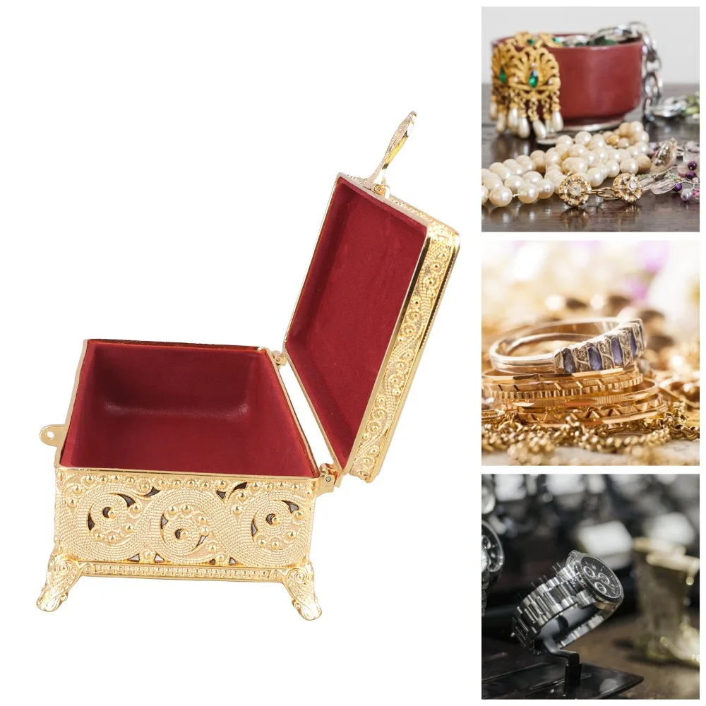 Soft Velvet Lining Metal Jewelry Box Silver Gold Trinket Storage Box Rectangle Treasure Chest Organizer Earrings Rings Storage