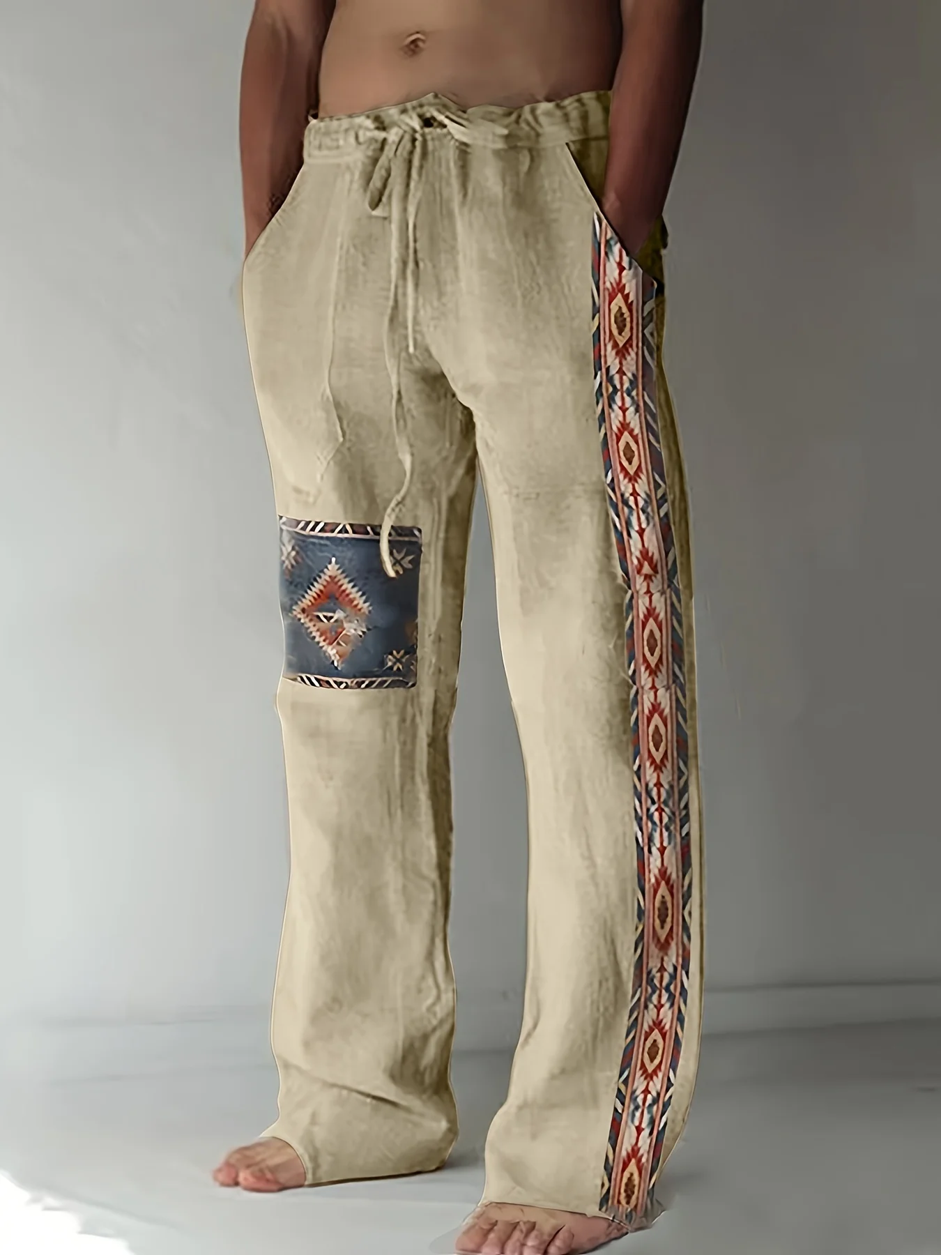 Summer Men's New Fashionable High End Pants Retro Ethnic Style Pattern Bohemian Casual Loose Drawstring Straight Barrel Pants