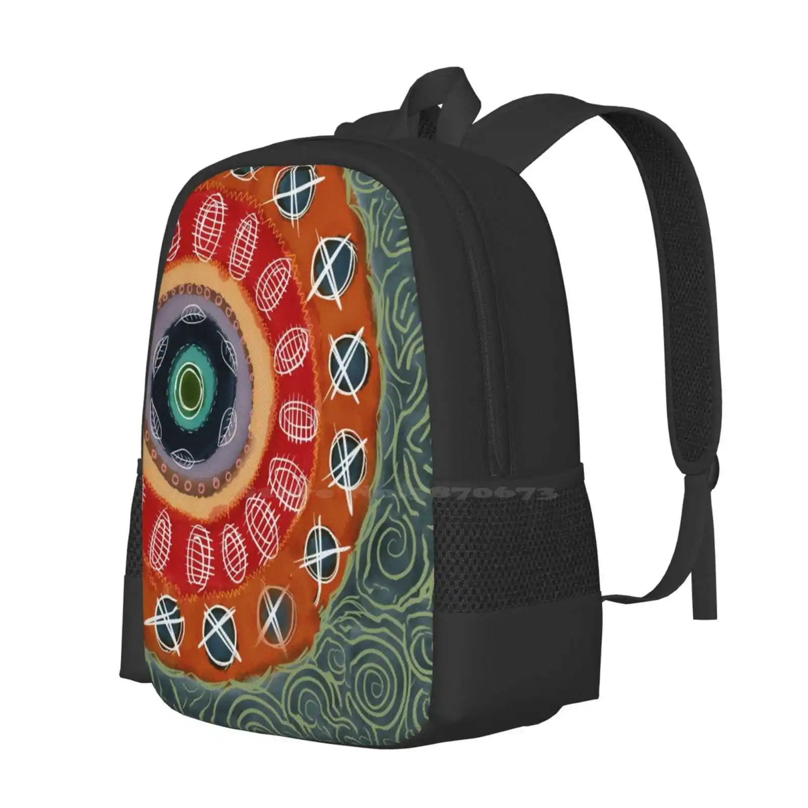 Circle Upon Circle Hot Sale Backpack Fashion Bags Circles Mandala Doodles Leaves Orange Teal Green Red Summer Funky Round And