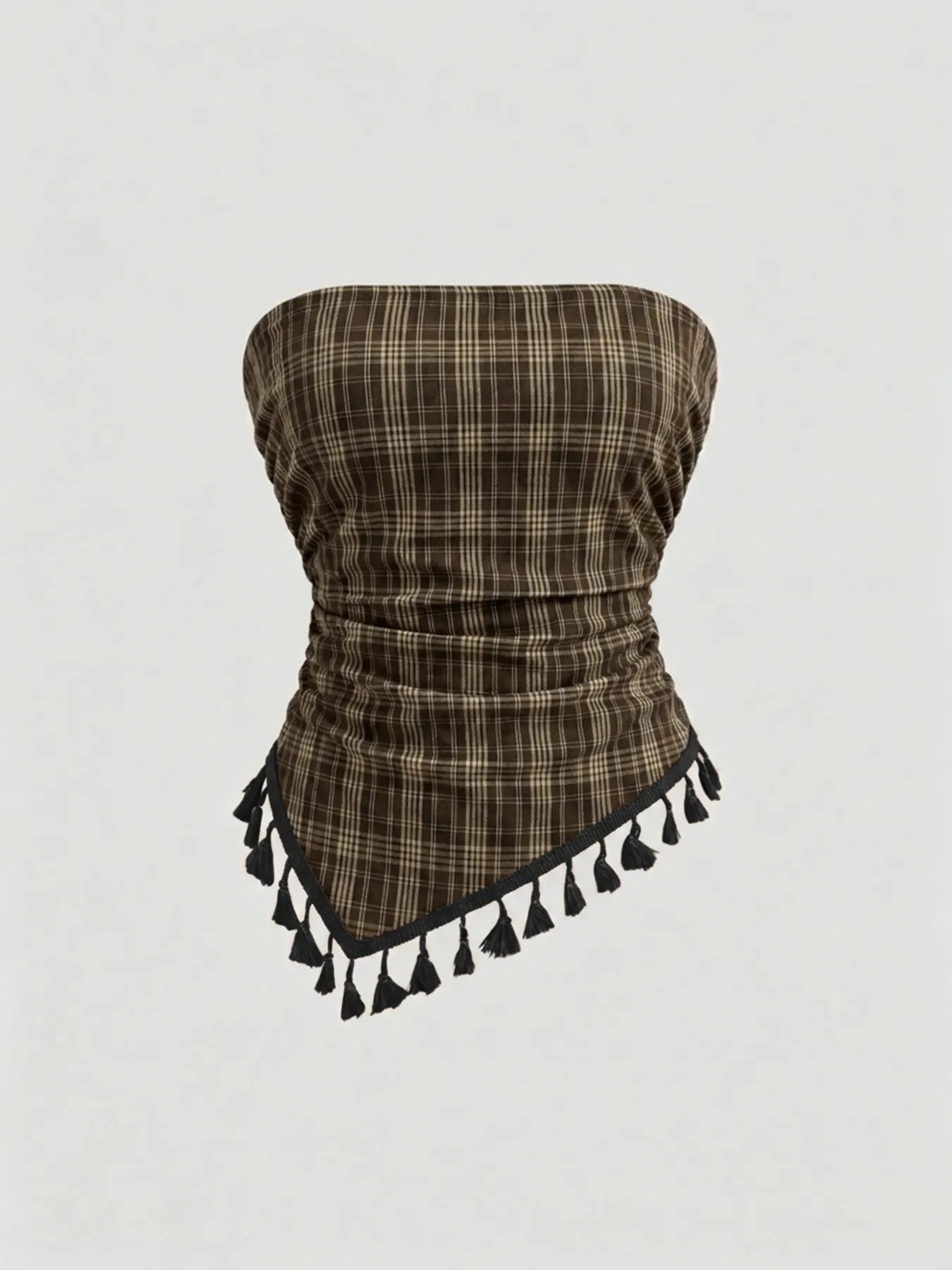 Retro checkered irregularly curved edge fringed summer sexy strap bow decoration flapper-style top trend Daily high street Y2K
