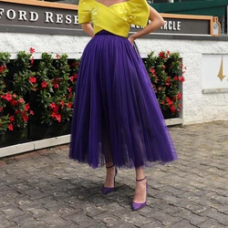 Elegant Purple Tulle Ankle-length Summer Skirts High Quality Multilayer Mesh Women Party Skirt Elastic Waist Custom Made Cheap