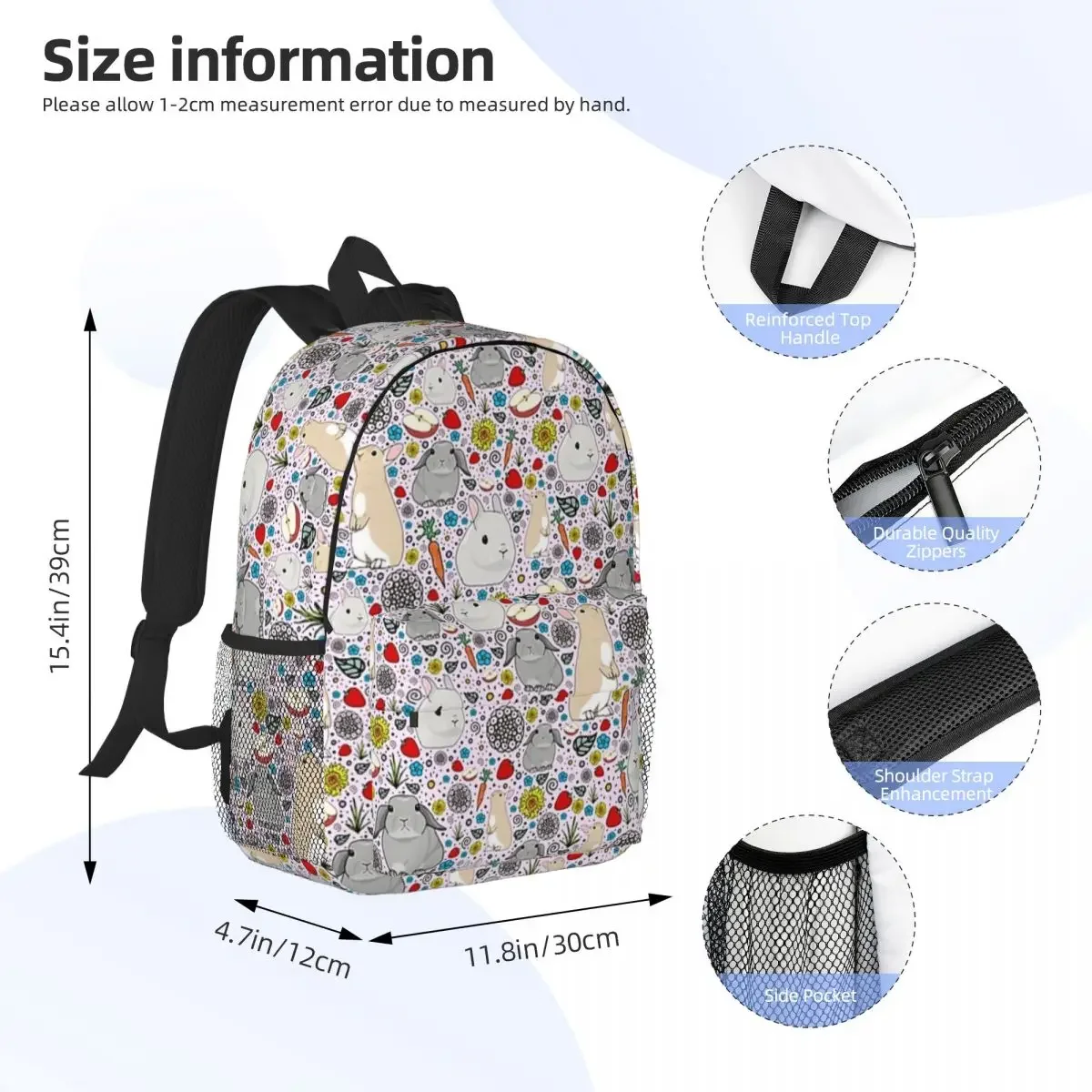 Mochilas de coelho rosa de grande capacidade para meninos e meninas, mochilas escolares casuais, mochila de viagem, bolsa de ombro