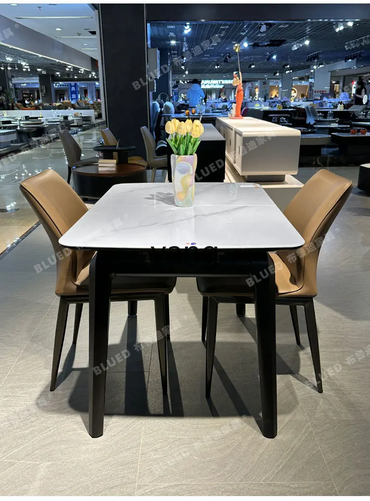 Mesa de comedor telescópica LMM, rectangular, de madera maciza, plegable, losa de roca, push-pull, simplicidad moderna