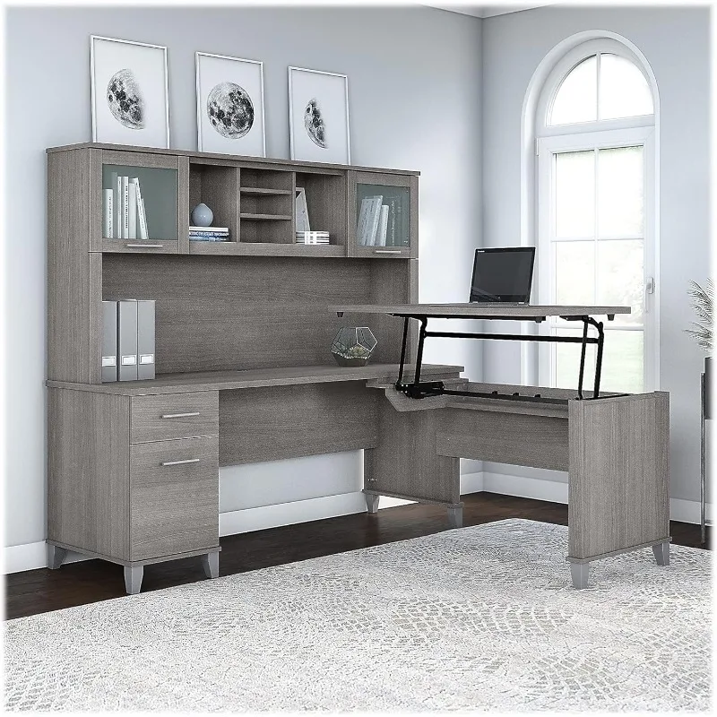 Furniture Somerset 72W 3 Position Sit to Stand L Shaped Desk with Hutch in Platinum Gray | Adjustable Height Table for Office