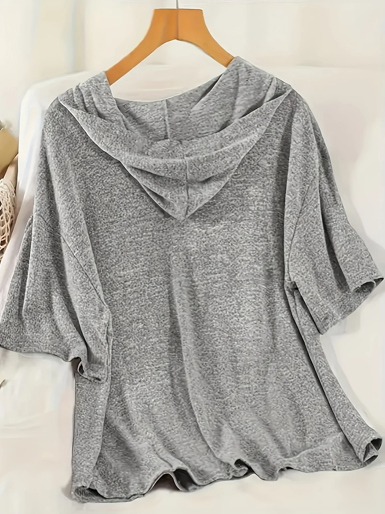 بدلة نسائية كاجوال بغطاء للرأس وأكمام قصيرة - خصر برباط بلون سادة، بذلة فضفاضة مع تفاصيل مضلعة #2