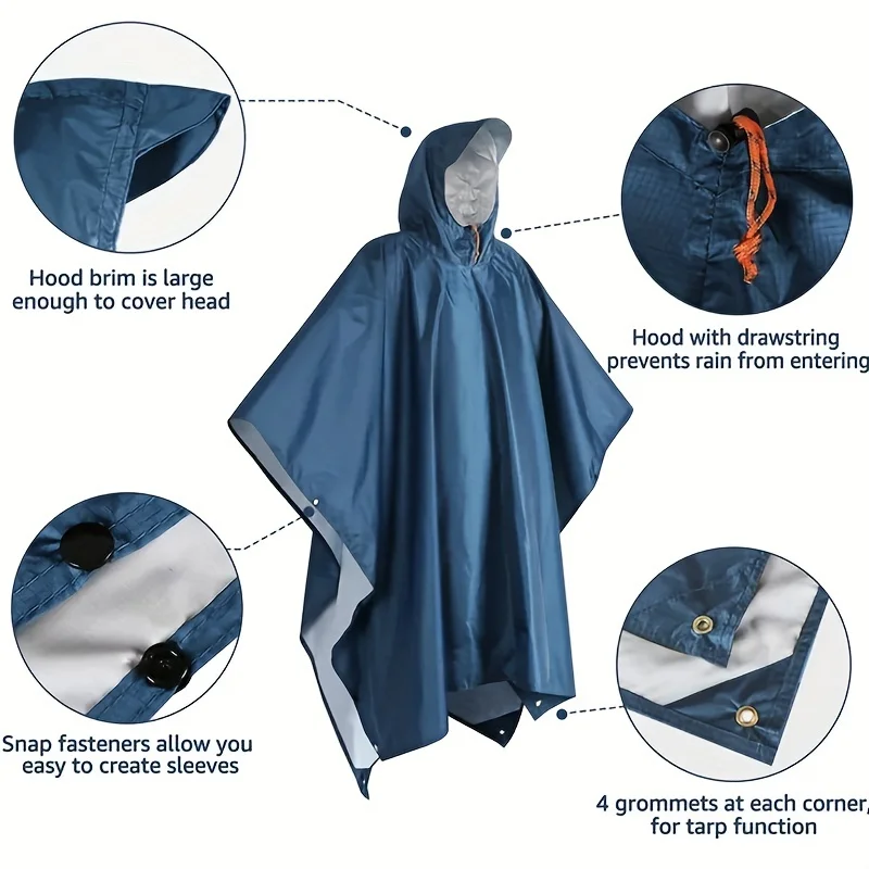 1 szt. Poncho przeciwdeszczowe 3w1 z tafty z srebrną powłoką, wielofunkcyjne, lekkie, wodoodporne, unisex, do jazdy na rowerze, pieszych wędrówek i aktywności na świeżym powietrzu.