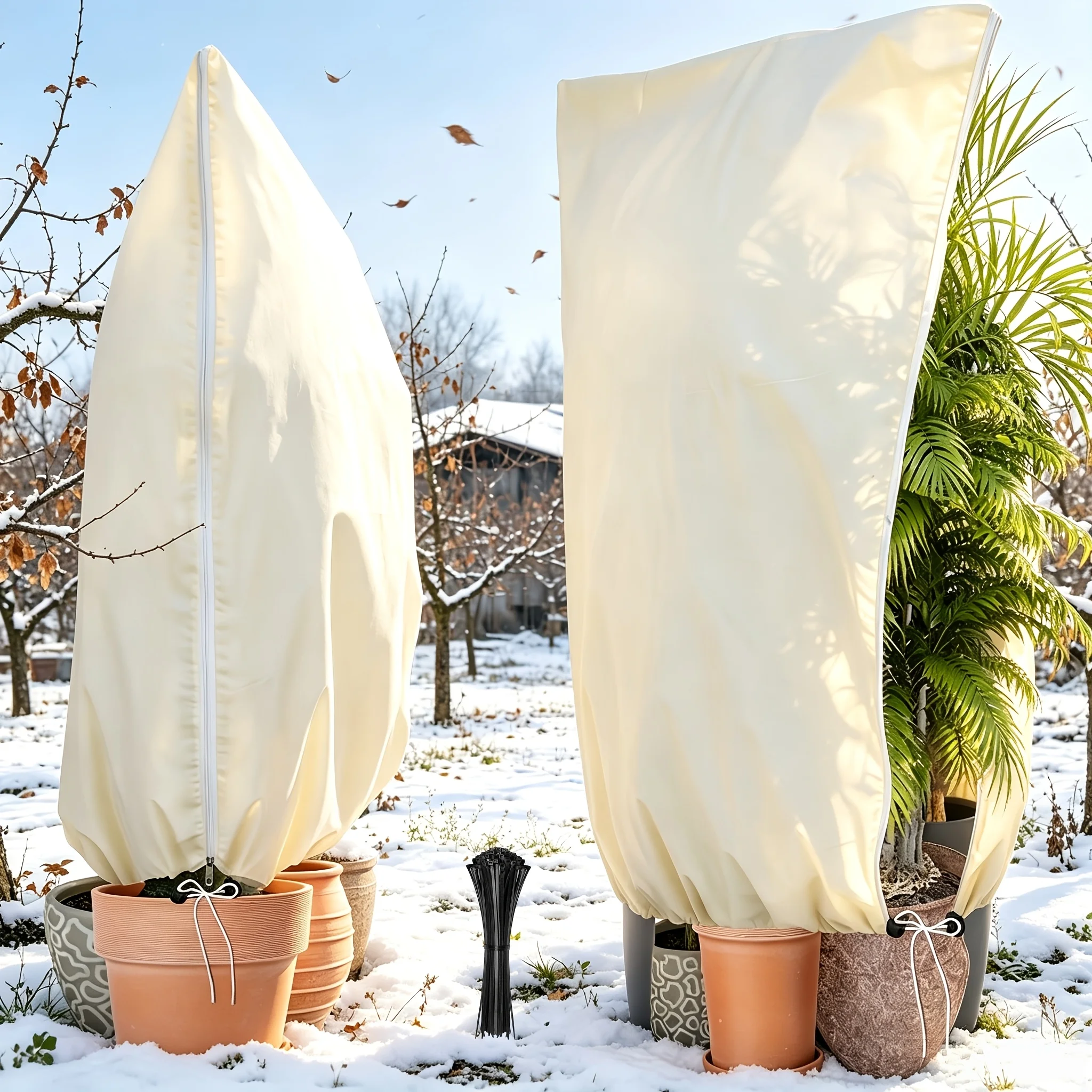 1-Piece Large Plant Frost Protection Cover, Outdoor Winter Insulation Frost Blanket with Drawstring Zipper Design, Plant Protection Cover, Reusable, Windproof, Snowproof, Frostproof, Hailproof, Insect-Proof, Bird-Proof