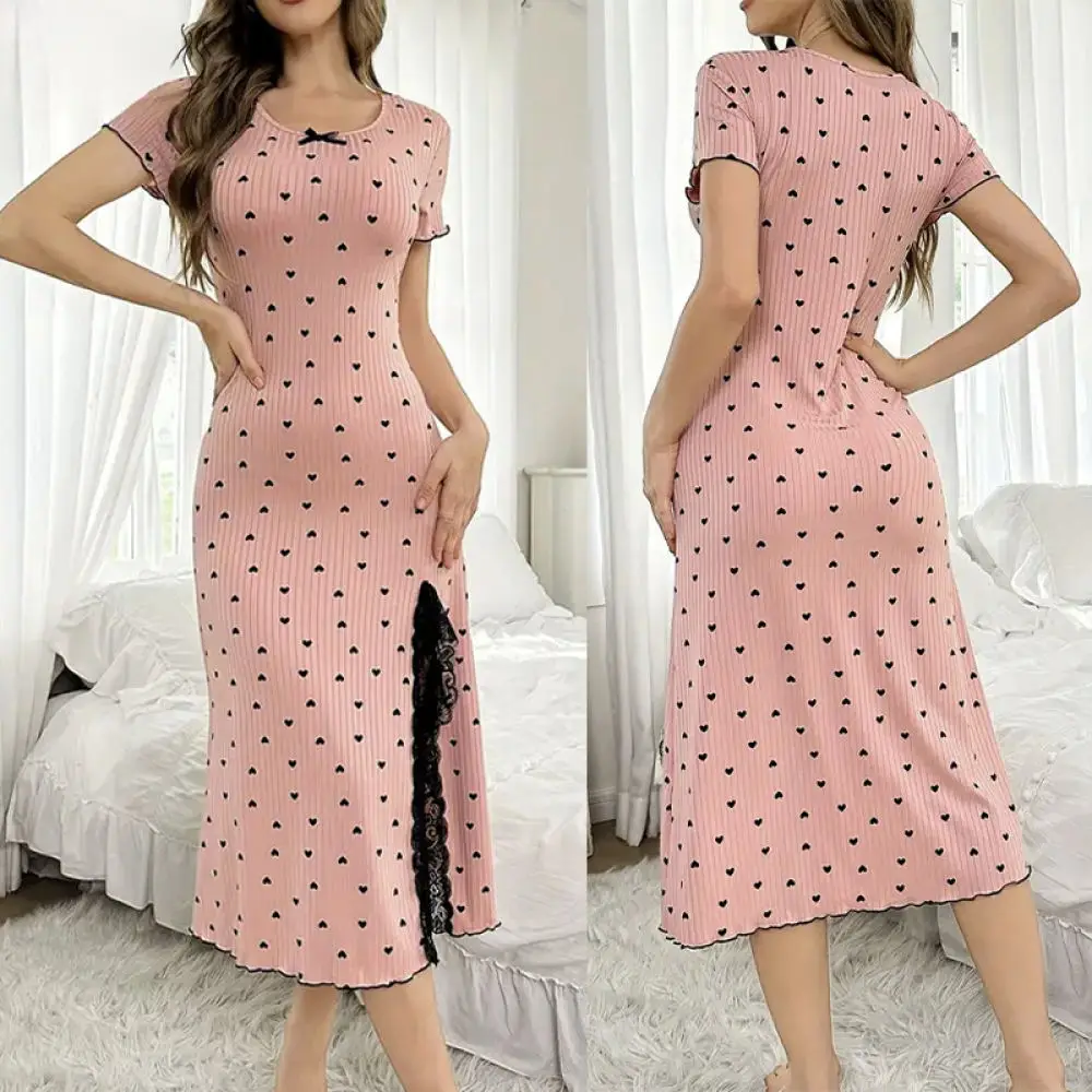Women Ribbed Sleepwear Chic Lace Trim Side Slit Dress Elegant Slim Fit Nightgown Sexy Casual Lady Home Loungewear