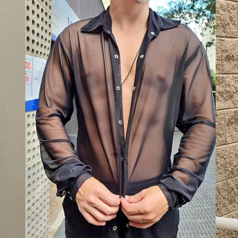 

Men's Clothing Spring Casual See-through Top Slim-fit Fashion Long-sleeved Sexy Shirt Men's Solid Color Shirt