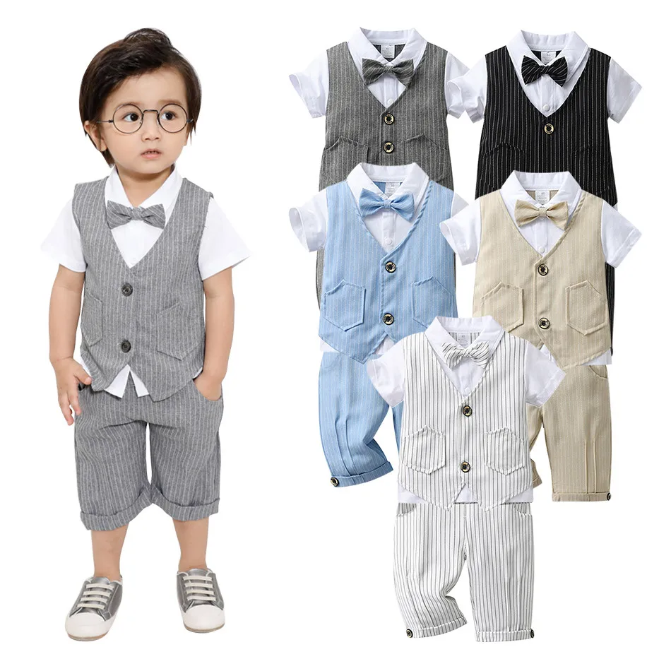 Summer Children\'s Short Sleeved Striped Gentleman Suit Set Boys Cute Formal Attire Everyday Versatile Casual Children\'s Set 1-5Y