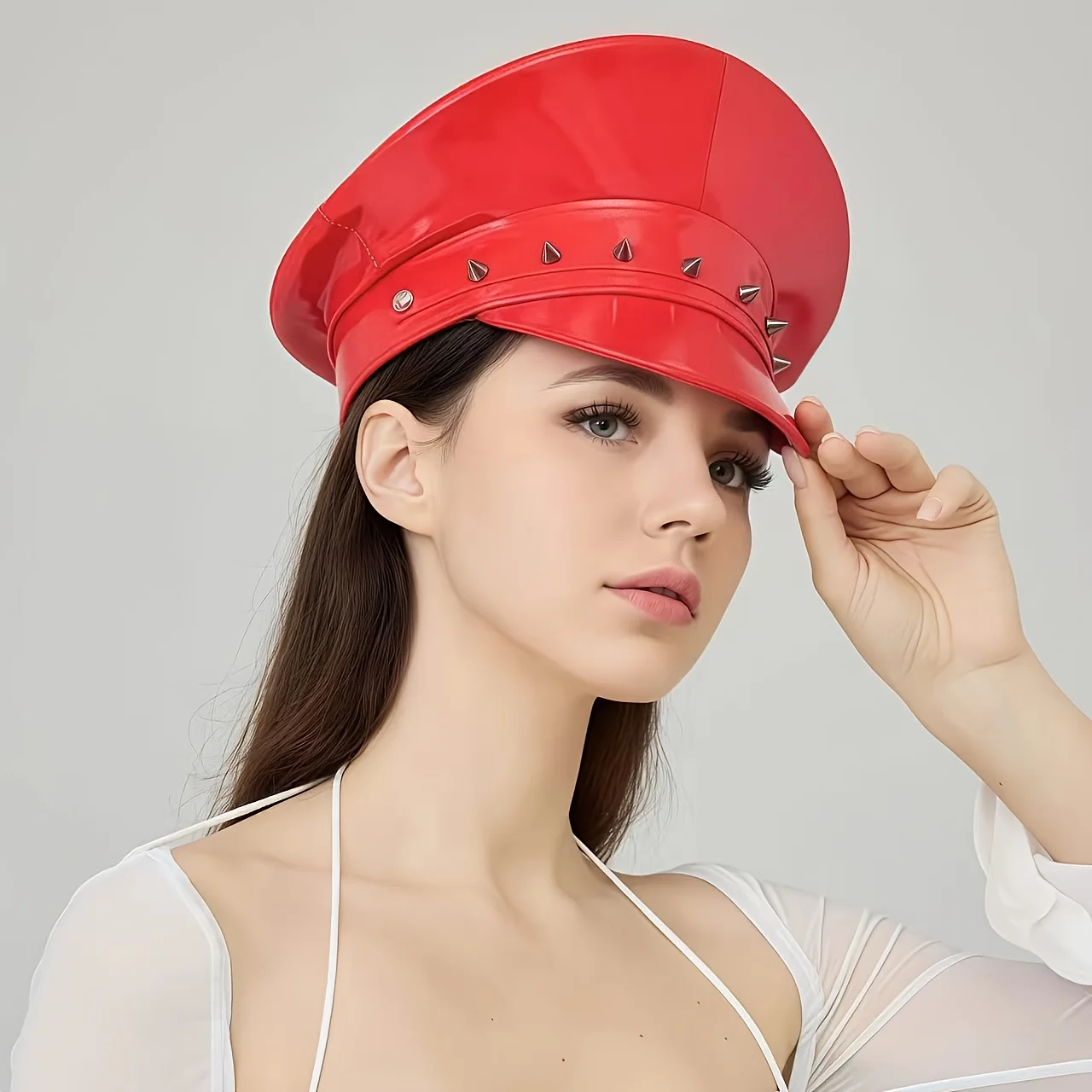 

HongLuan красный/черный готический стимпанк готический капитан шляпа со стразами, винтажная военная кепка для мужчин и шапки из искусственной кожи для женщин