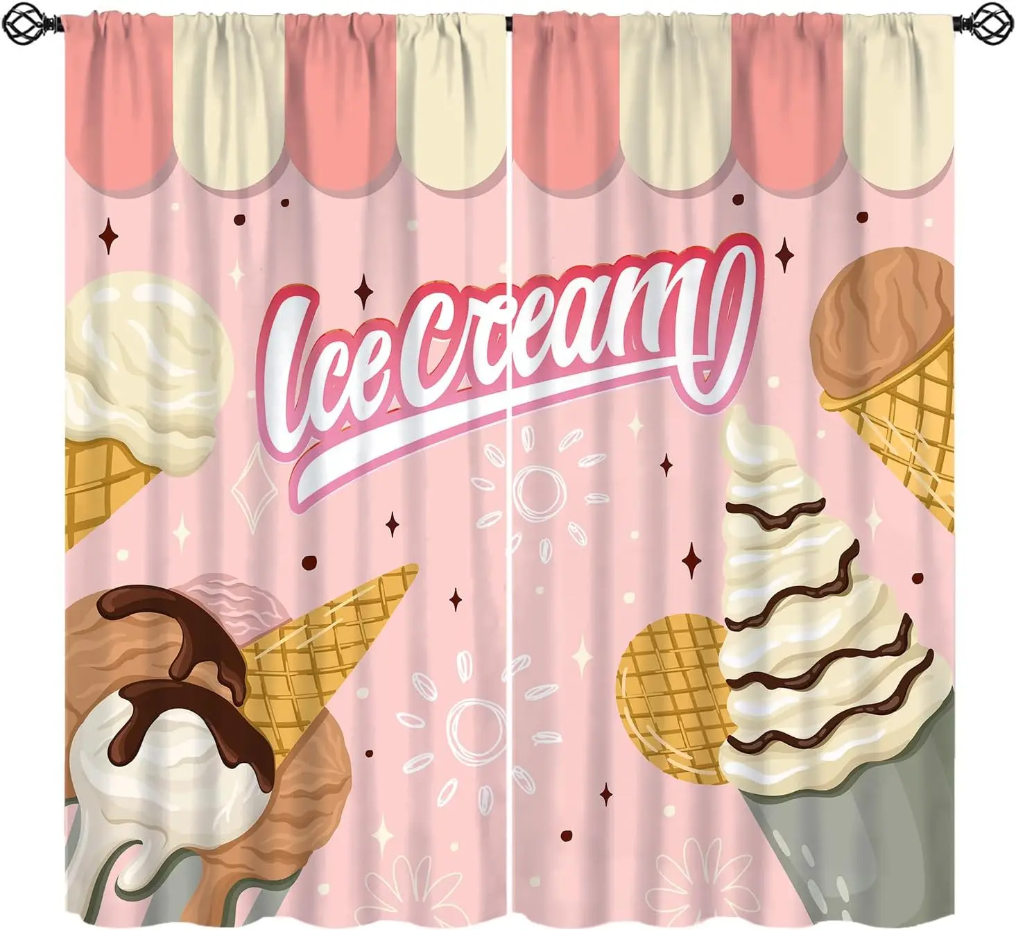 2 Panels Pink Ice Cream Print Curtains Waffle Cone Chocolate Sauce Sparkle Pattern Drapes Sweet Kids Bedroom Window Decor