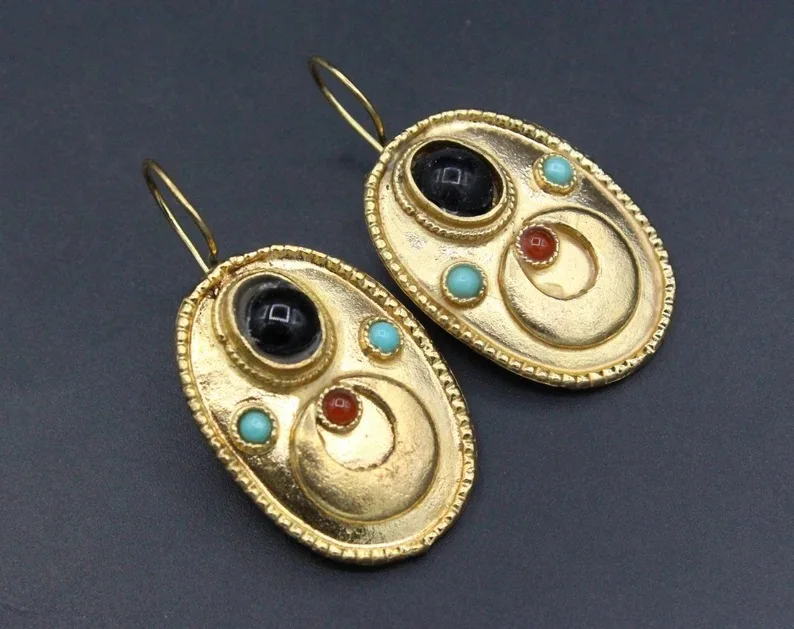 Vintage Court Gold Color Ornate Earrings for Women Creative Ethnic Style Imitation Turquoise Earrings Party Jewelry Gifts