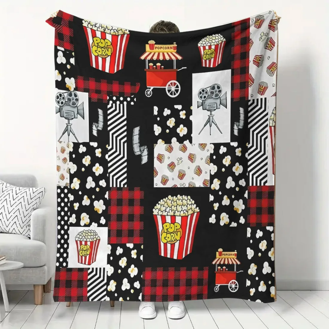 Movie Popcorn Print Flannel Throw Blanket, Preppy Style, Soft Plush Knitted, Digital Print Polyester, Cozy, with for Bed, Sofa