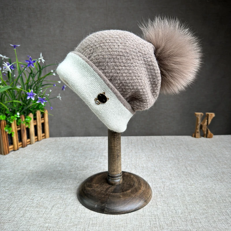 High quality wool fur pompom hats Winter Hat Cap women girl Fashion Warm Plus velvet tracel  Ski Hat winter beanies outdoor Hat